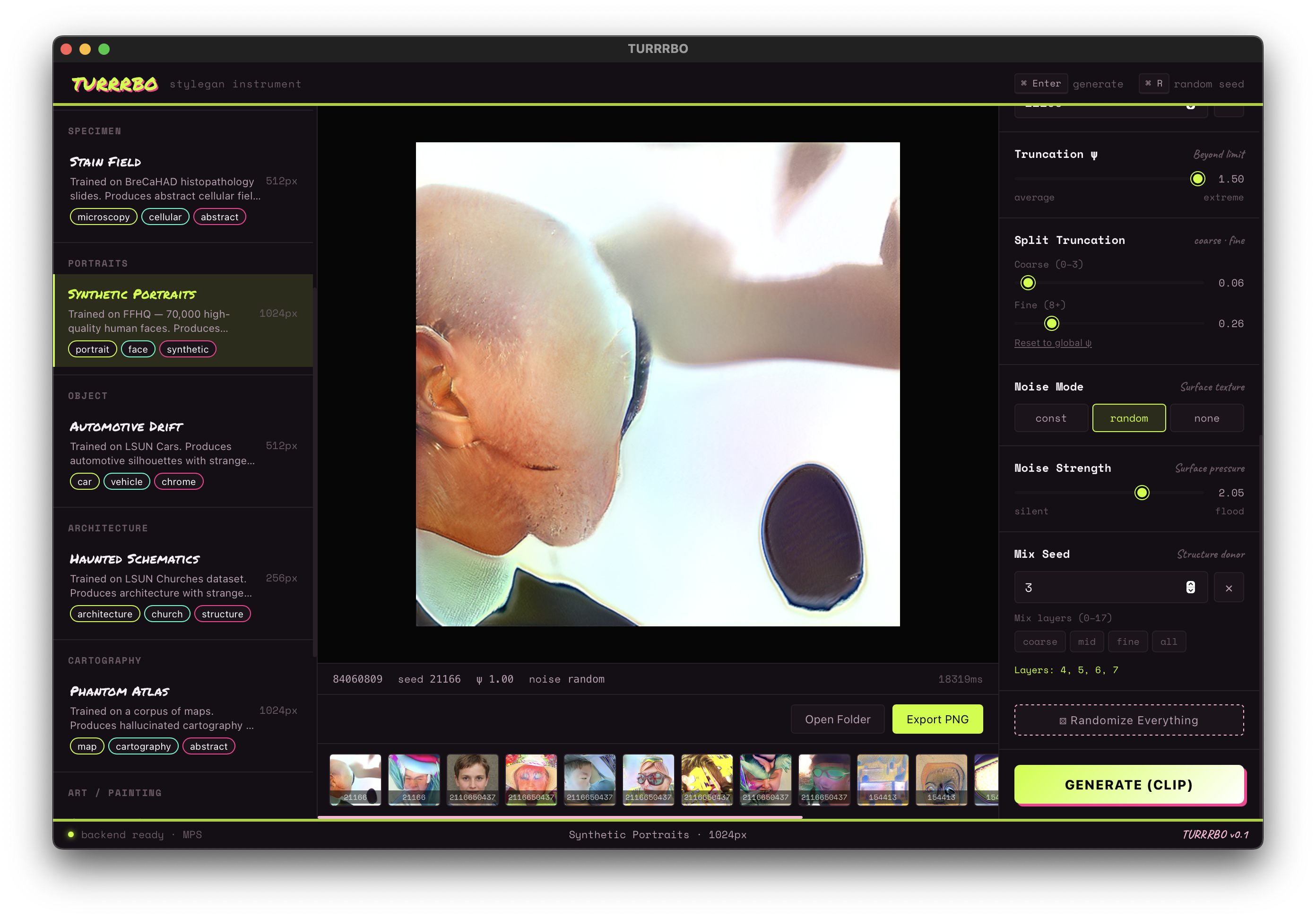 TURRRBO application interface showing a generated portrait and control panel