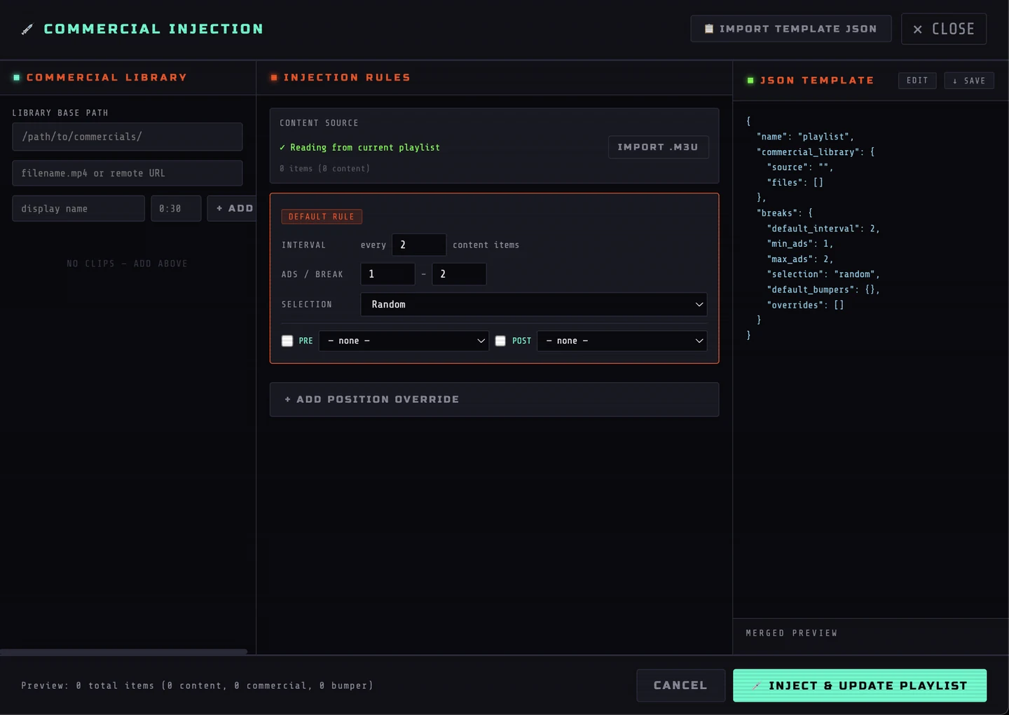 Drop Zone Ops commercial injection rules and JSON interface