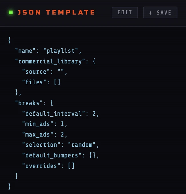 JSON template panel for commercial injection