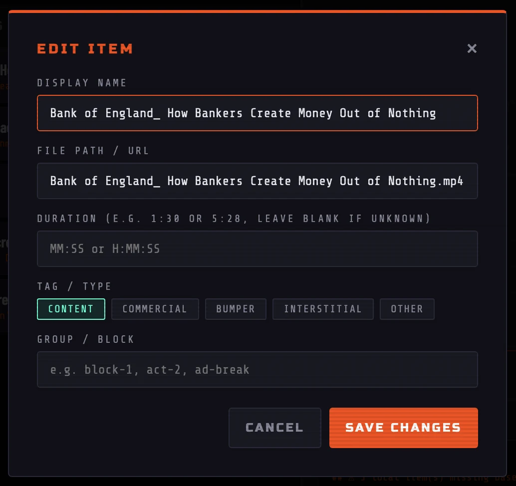 Edit Item dialog in Drop Zone Ops
