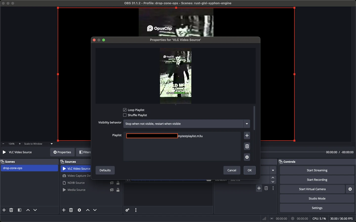 OBS VLC Video Source configuration with a playlist path