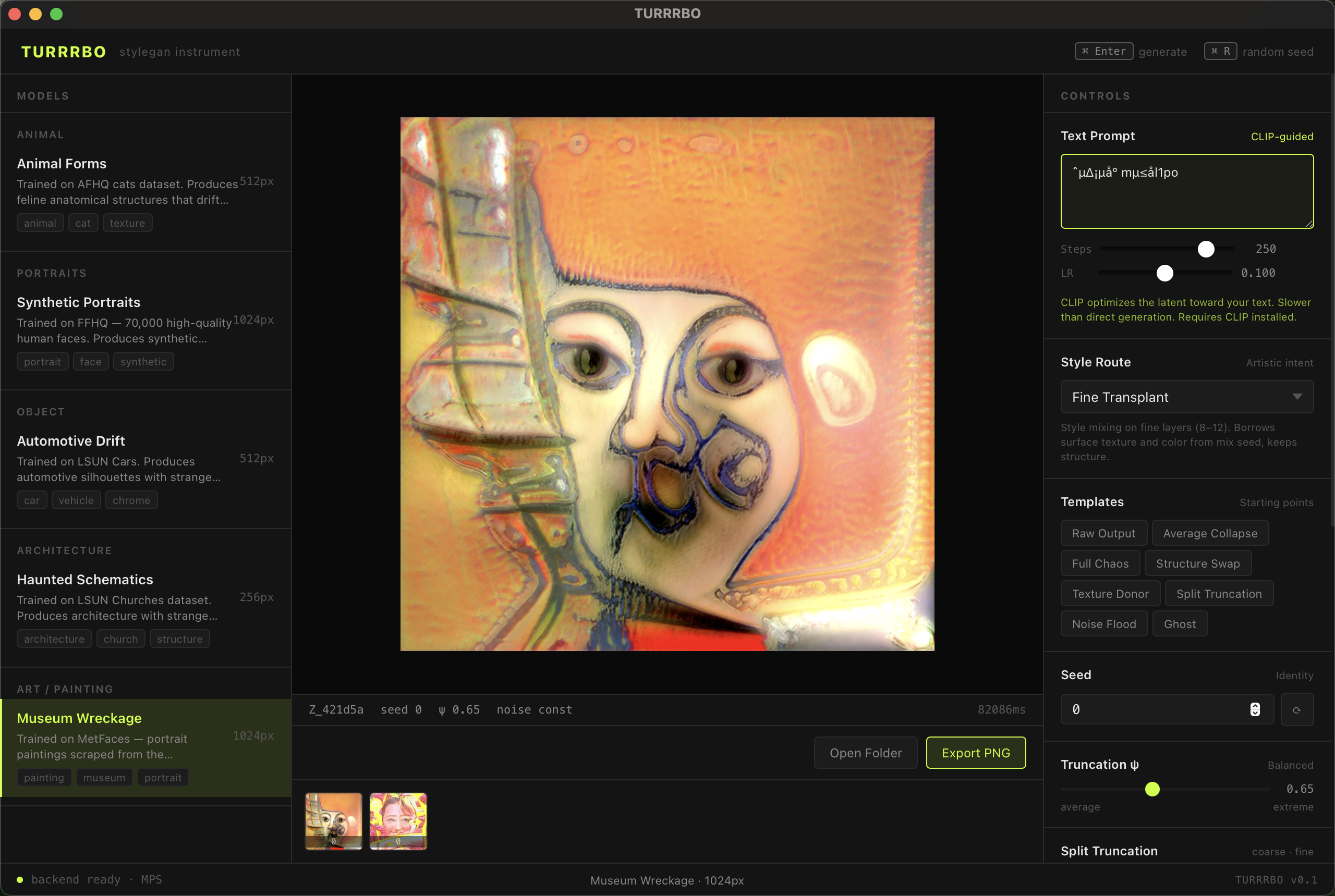 TURRRBO application interface showing a generated portrait and control panel